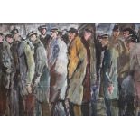 John Thompson (British, 1924-2011), Group series street scene with figures queuing, Gouache and