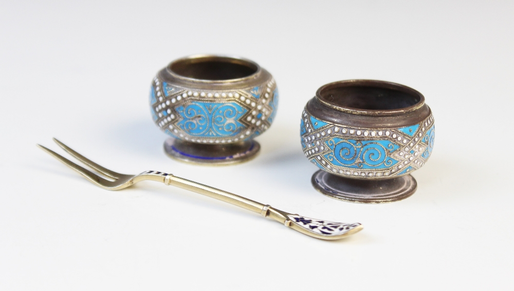 A pair of Danish silver and enamel open salts by Marius Hammer, each of compressed circular form