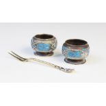 A pair of Danish silver and enamel open salts by Marius Hammer, each of compressed circular form