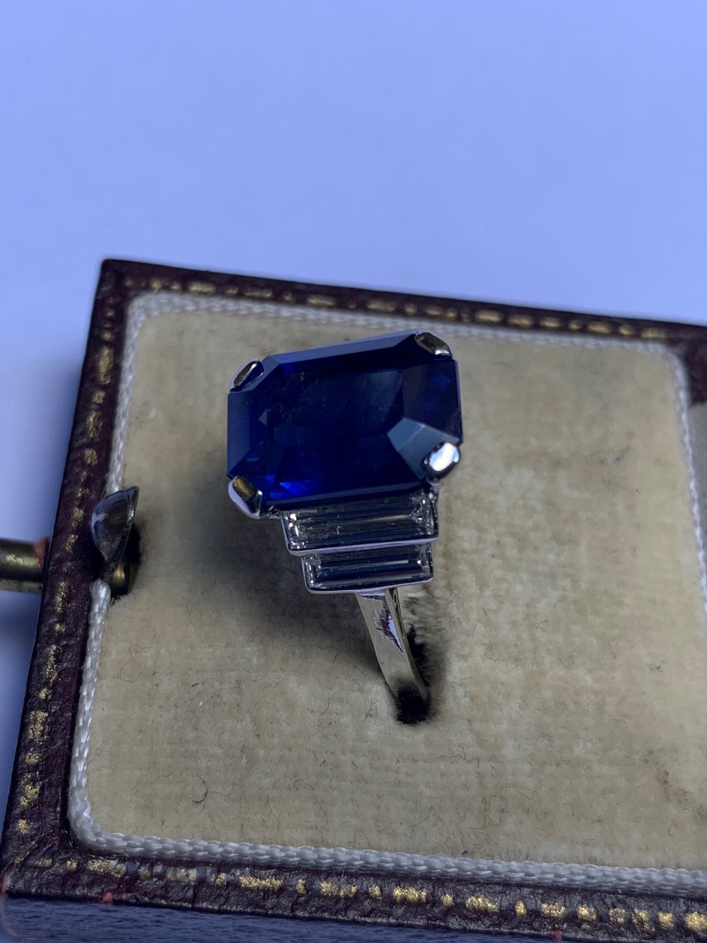 An Art Deco sapphire and diamond ring, the central octagonal step cut sapphire (measuring 11.79mm - Image 6 of 20