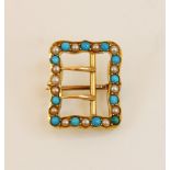 An Edwardian 15ct gold turquoise and pearl buckle brooch, of rectangular form with shaped borders,