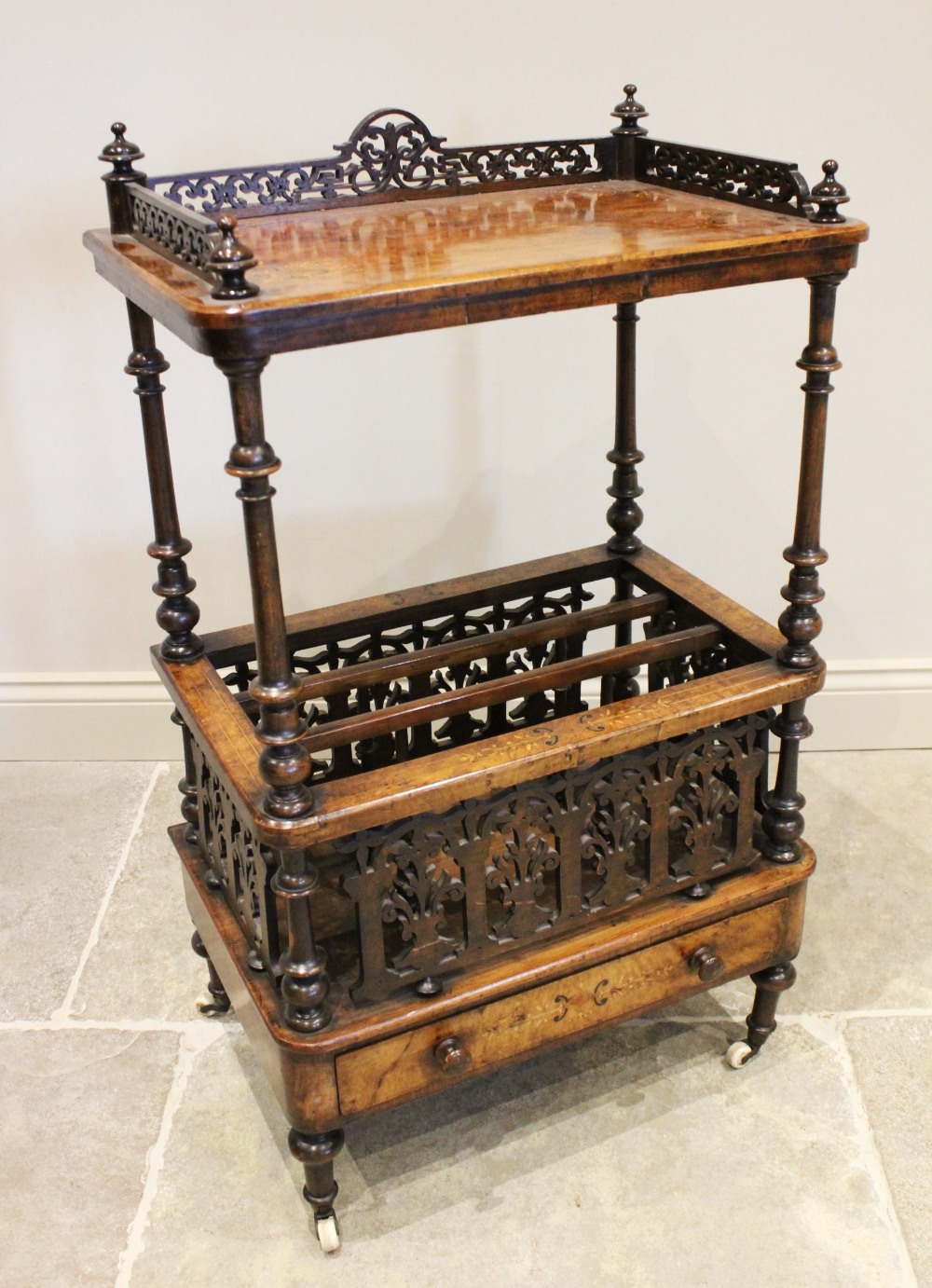 A Victorian burr walnut etagere Canterbury, the quarter veneered rectangular top with an open work - Image 3 of 4