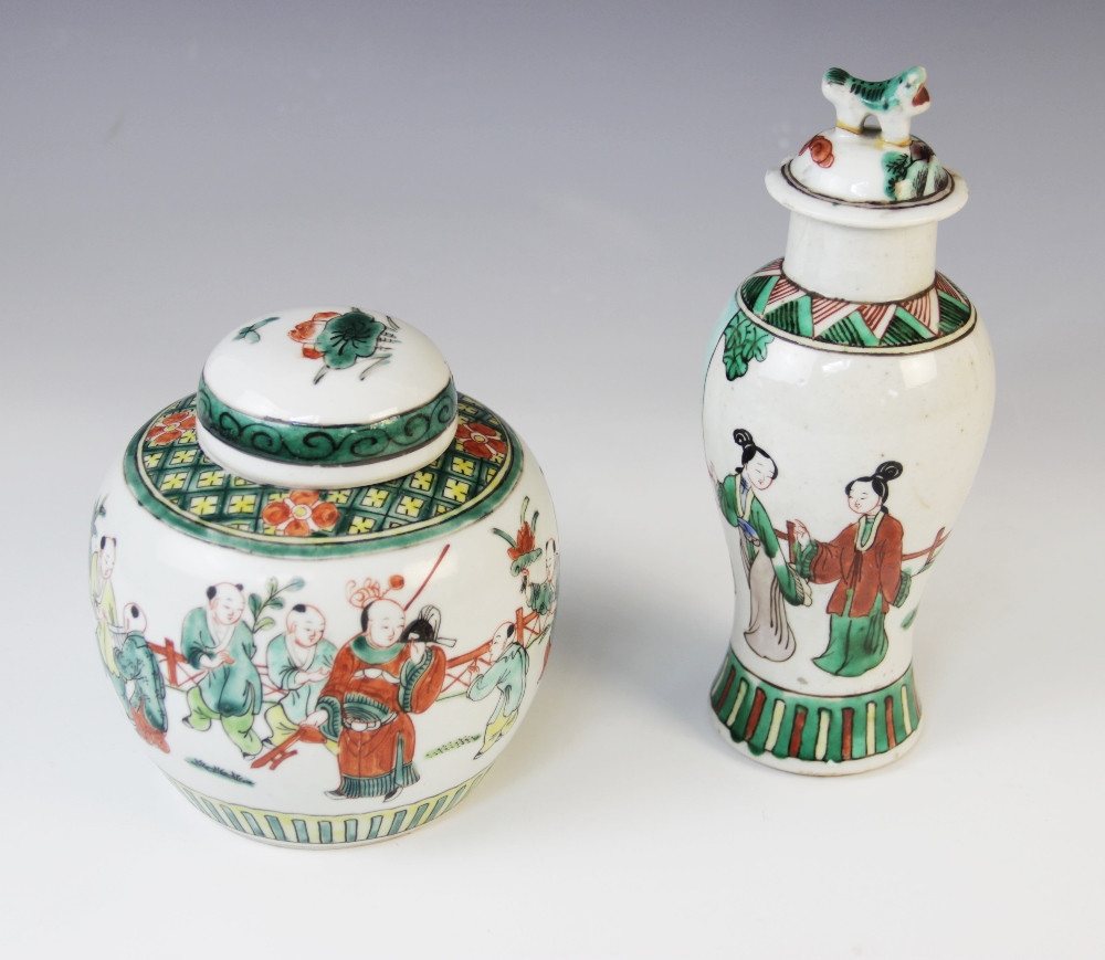 A Chinese porcelain famille verte vase and cover, 19th century, of baluster form, 21cm high, with - Bild 3 aus 9