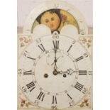 A George III oak cased eight day longcase clock, the 33cm painted break arch dial with moon phase
