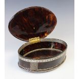 A Victorian white metal mounted tortoiseshell jewellery box, 19th century, of oval form, the top and