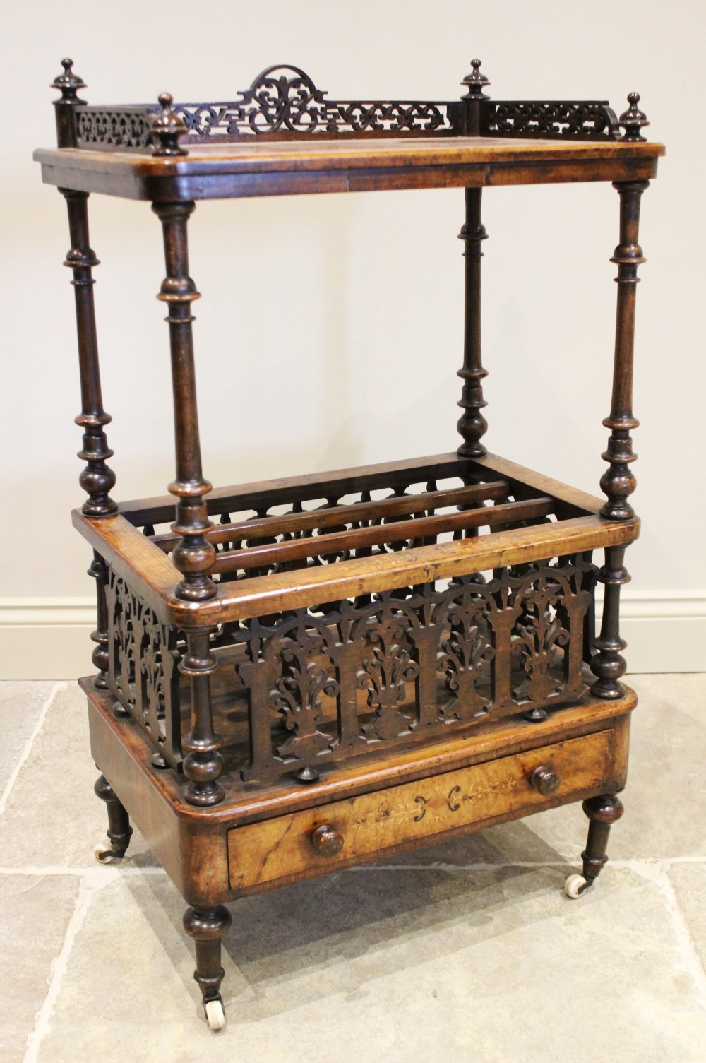 A Victorian burr walnut etagere Canterbury, the quarter veneered rectangular top with an open work - Image 4 of 4