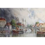 Louis Van Staaten (Dutch 1836-1909), Two watercolours on paper, Dutch harbour townscapes, one with a