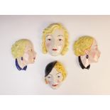 Four Art Deco wall masks by Cope & Co, two modelled as a young lady in profile, and two as a young
