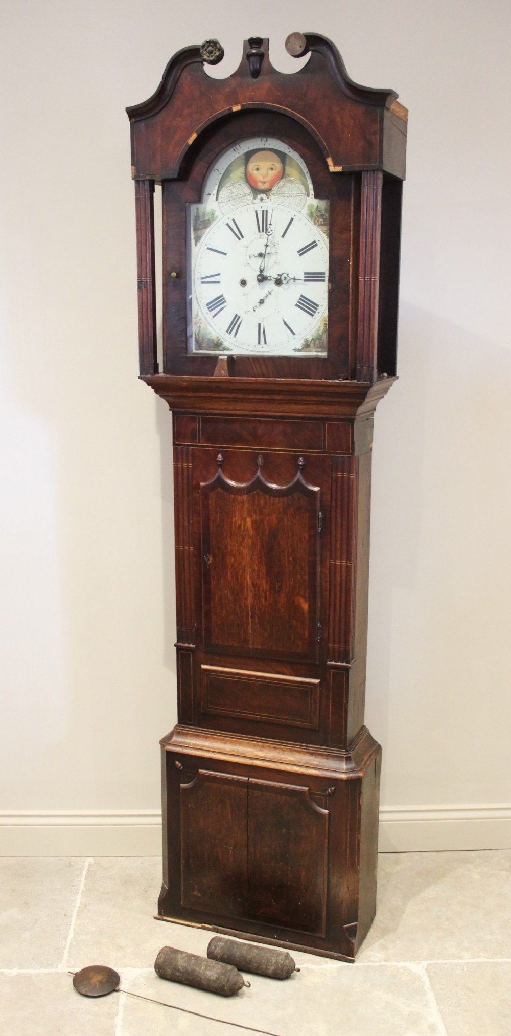 A large George IV oak and mahogany cross banded eight day longcase clock, the 36cm painted break - Image 2 of 3