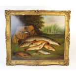 Edward Coleman (English, c.1795-1867), A fishing basket and catch of pike, trout, perch and bream,