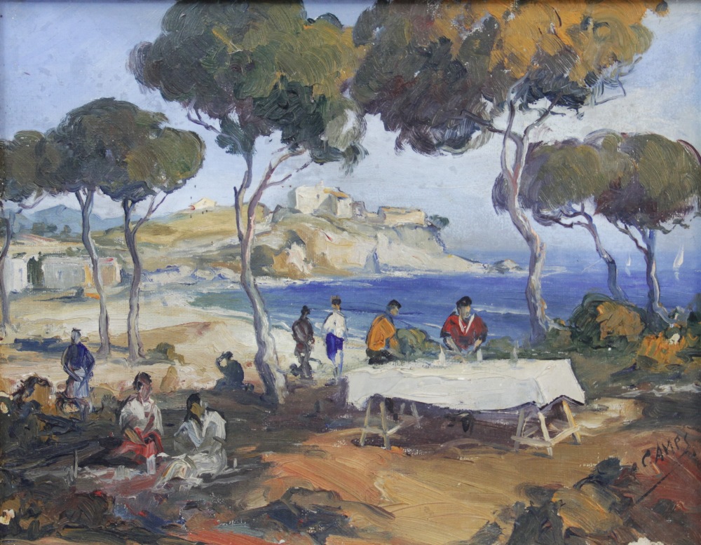 F. Campi (Italian, 20th century), A picnic scene in a coastal glade, Oil on canvas, Signed lower