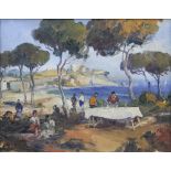 F. Campi (Italian, 20th century), A picnic scene in a coastal glade, Oil on canvas, Signed lower