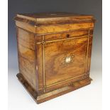 A Victorian olive wood work box, the hinged cover centred with a mother of pearl cartouche within