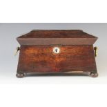 A William IV walnut tea caddy, early 19th century, of sarcophagus form on bun feet with drop ring