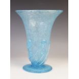 A Monart Art Deco blue glass vase, early 20th century, of trumpet form with prunted wrythen