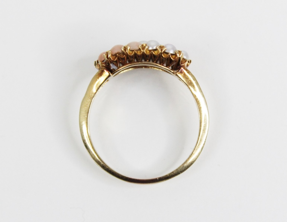 A Victorian diamond, pearl and coral ring, the navette shaped head comprising four old cut - Image 6 of 6