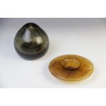 A studio glass stem vase, 20th century, of squat pear form, the grey glass punctuated with