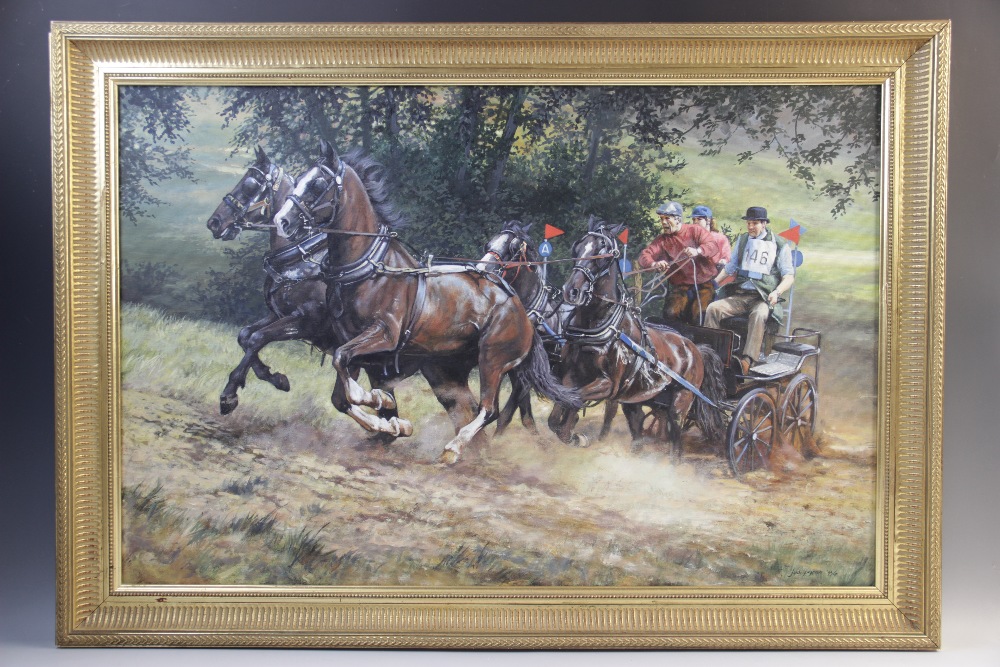 Judi Kent Pyrah (British contemporary), A carriage driving scene, Oil on board, Signed lower - Image 2 of 3