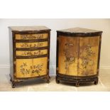 A chinoiserie black lacquer side cabinet, late 20th century, of bowfront form with an arrangement