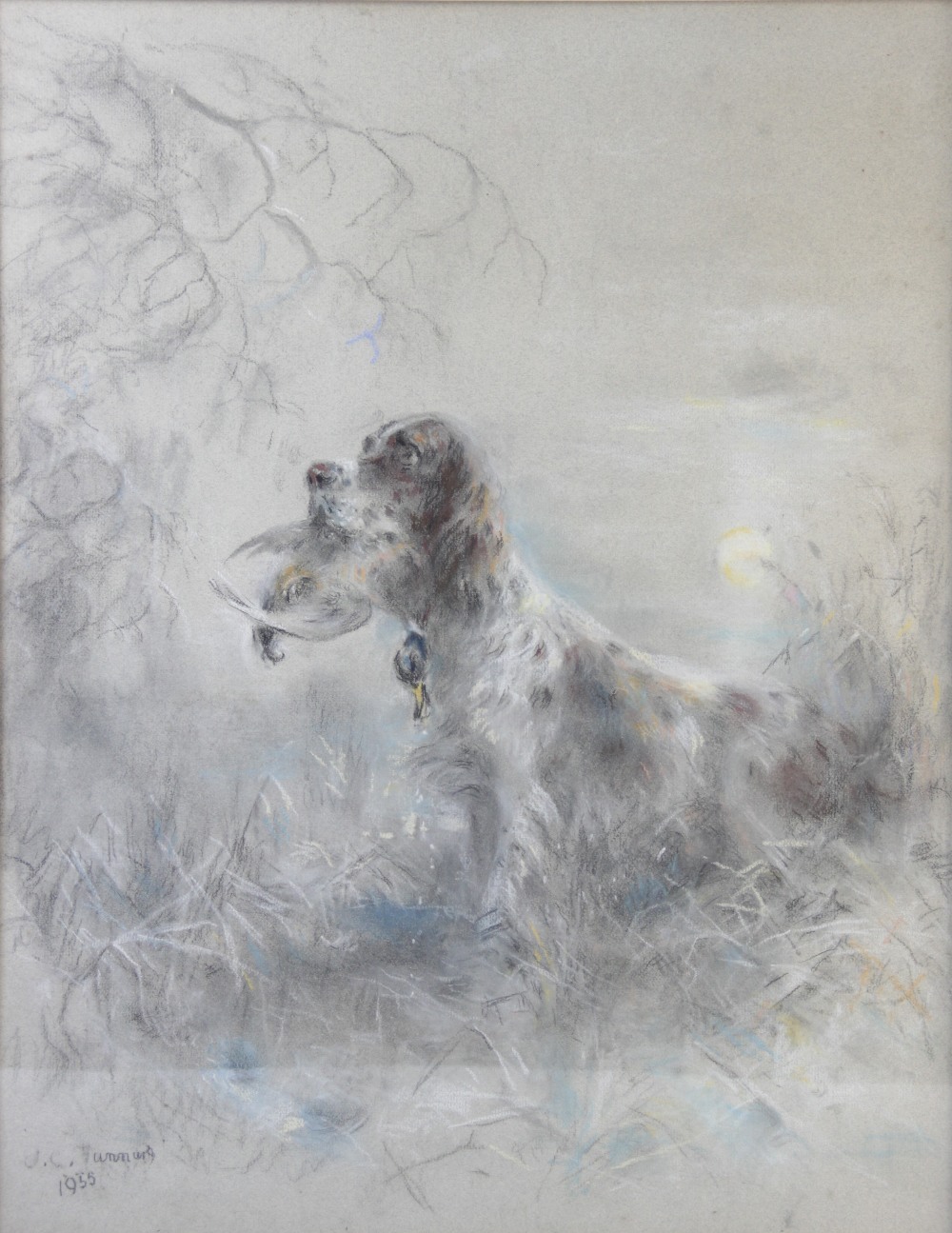 English school (20th century), A spaniel retrieving a mallard, Oil pastel on paper, Indistinctly