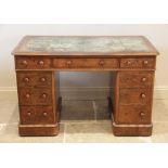 A Victorian figured walnut twin pedestal desk, the rectangular thumb moulded top with rounded