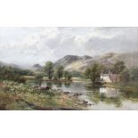 John Gunson Atkinson (active 1849-1885), A mountainous landscape with cottage and fly fisherman by a
