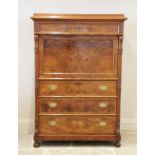 A French Louis XV style figured walnut escritoire, the single frieze drawer above a fall front