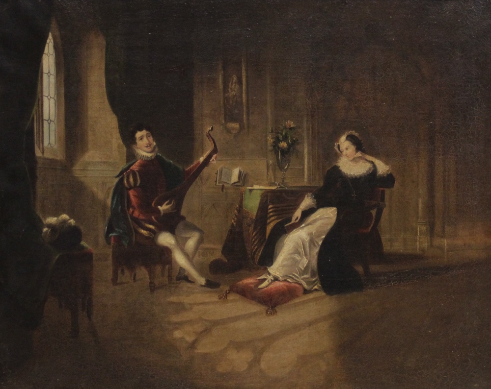 Manner of Adriano Cecchi (Italian, 1850-1936), A lutist entertaining a lady, Oil on canvas,