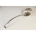 A George III Irish silver 'hook-end' soup ladle, marks for 'W.F', Dublin 1771, scalloped bowl with