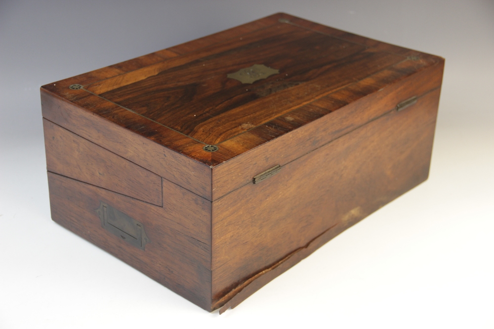 A mid 19th rosewood stationery box, the rectangular hinged cover centred with a shaped and - Image 4 of 4