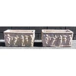 A pair of reconstituted stone planters, each of rectangular form, the sides cast in relief with
