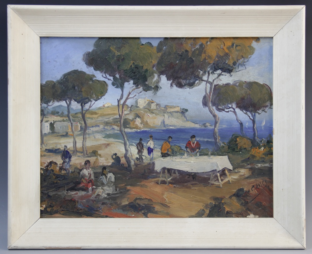 F. Campi (Italian, 20th century), A picnic scene in a coastal glade, Oil on canvas, Signed lower - Image 2 of 3