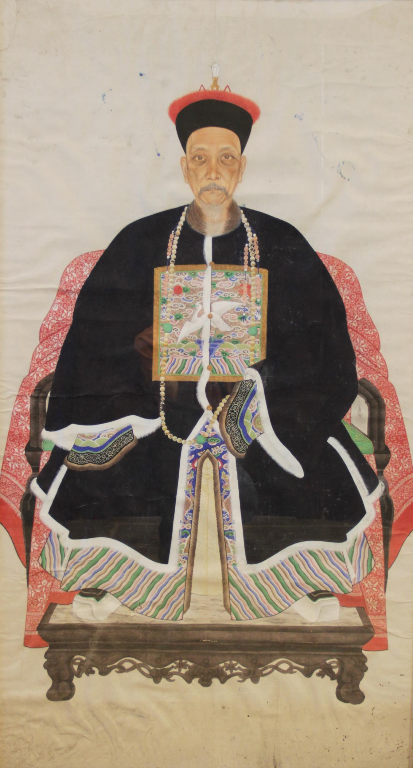 Chinese School (19th century), Gouache on paper, Ancestral Portrait of a 1st Rank Civil Official,