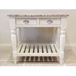 A Laura Ashley type marble top painted kitchen island, the rectangular slab marble top above a