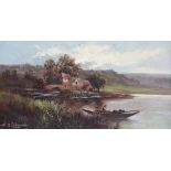 Sydney Yates Johnson (British, fl. 1890-1926), River scene with fisherman, bridge and hamlet, Oil on