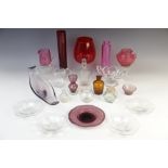 A collection of 20th century cranberry glass pieces, to include: a twin-handled crackled posy