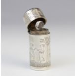 A Victorian silver scent bottle by Sampson Mordan, London 1882, of cylindrical form with hinged