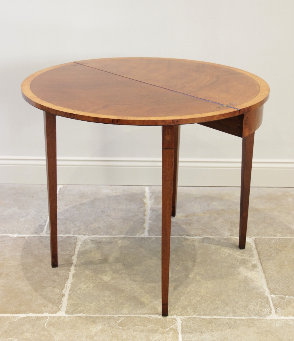 A pair of George III style mahogany folding tea tables, late 20th century, each of 'D' form with yew - Image 2 of 2