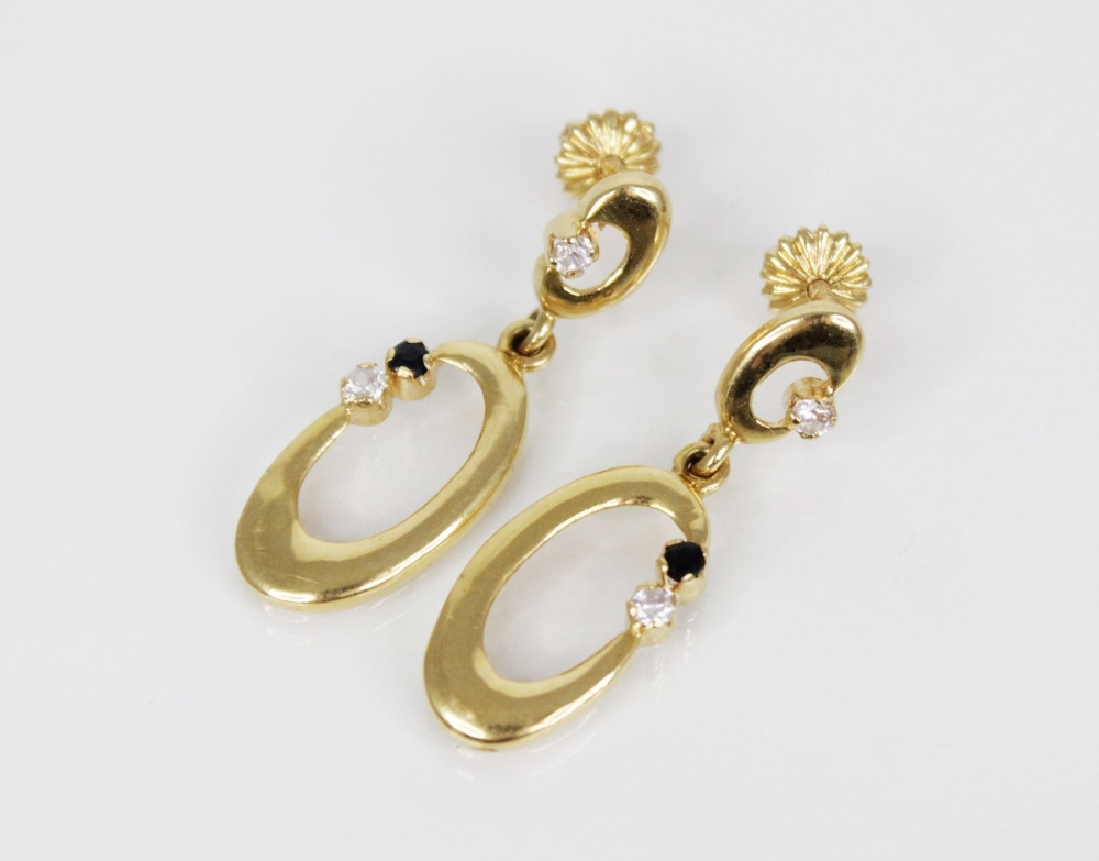 A pair of 18ct yellow gold drop earrings, each designed as a plain polished oval hoop set with a