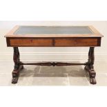 A William IV mahogany writing table, the rectangular moulded top inset with a replaced skiver over