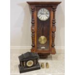 A Victorian twin weight beech and walnut Vienna wall clock, the 19cm white enamelled dial with a