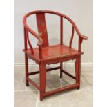 A Chinese red painted altar chair, late 19th/early 20th century, the horse shoe shaped top rail