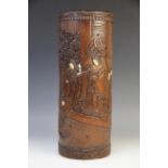 A large Chinese bamboo brush pot (bitong), 19th century, of cylindrical form and extensively