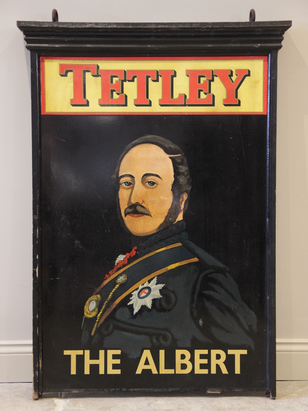 A painted Tetley 'The Albert' hanging pub sign, mid to late 20th century, the painted metal sign