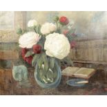 Boris Krilov (Russian, 1891-1977), A floral still life with books and plate, Oil on canvas, Signed