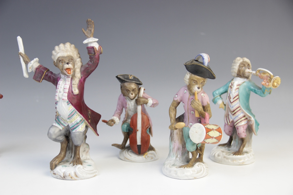 An eight piece German porcelain monkey band, 19th century, comprising: a conductor, a violinist, a - Image 3 of 8