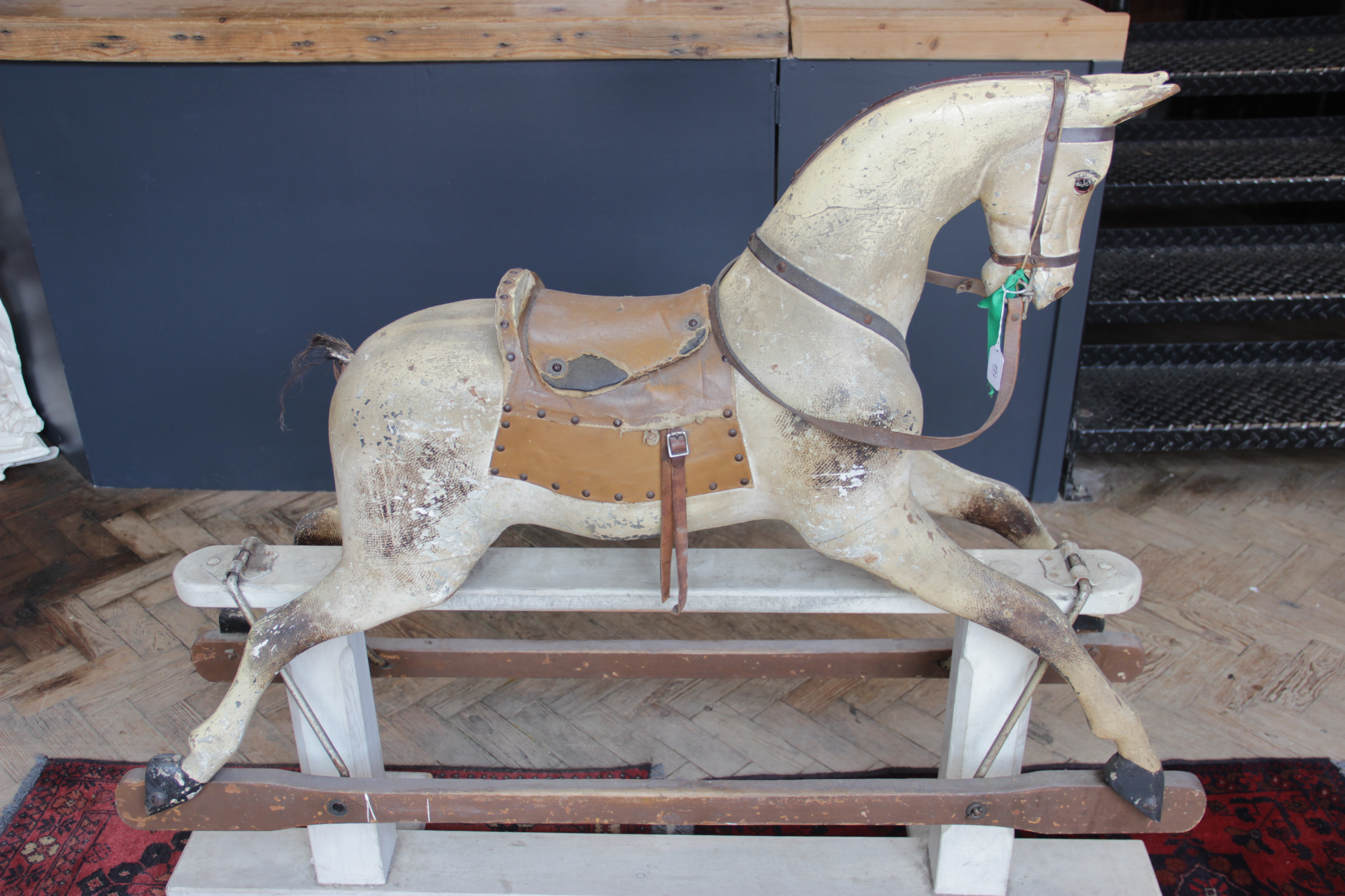 A late Victorian dapple grey rocking horse, applied with leather saddle and reins, with inset - Image 3 of 3