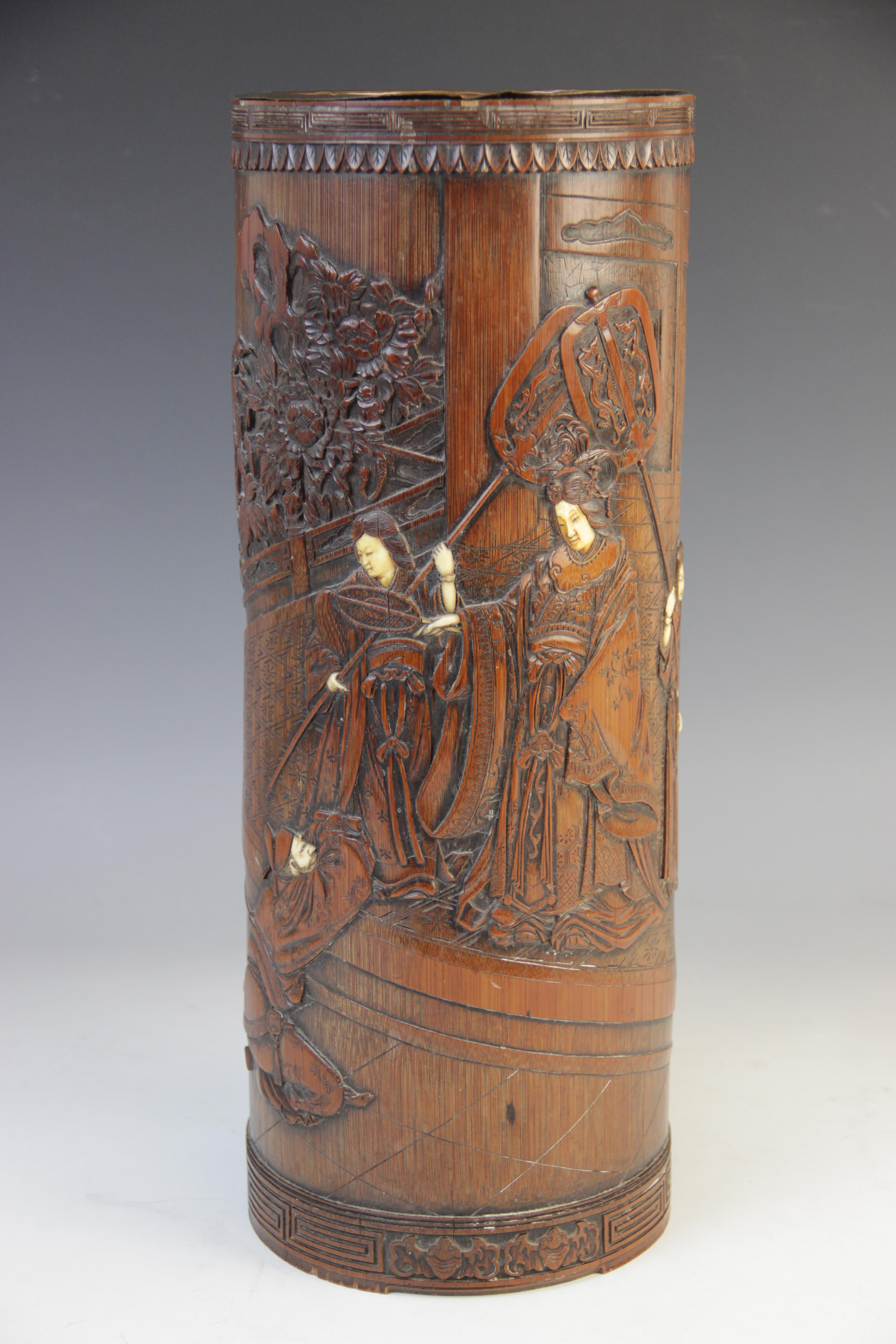 A large Chinese bamboo brush pot (bitong), 19th century, of cylindrical form and extensively - Image 4 of 7