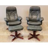 A pair of Ekornes stressless type reclining green leather armchairs and matching foot stools, each
