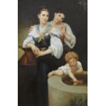 Italian School (20th century), Two girls and a young child at a font, Oil on canvas, Unsigned,